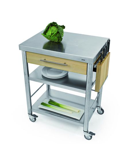 Küchenwagen aus Edelstahl mit zwei Ablagen und einer Schublade. (Serie Auxilium)